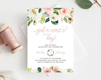 Galentine's Day Invite Template, Printable Gal N Wine's Party Invitation, Girl Friends Valentine's Day Party, Instant Download,  Templett