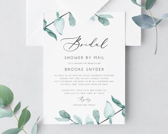 May include: A light blue and white bridal shower invitation with watercolor leaves and the text "Bridal Shower by Mail Let's shower the bride-to-be Brooke Snyder" and the address "155W 51st St, New York, NY 10019".