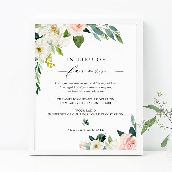 Blush In Lieu of Favors Sign Template, Floral In Lieu of Favors Sign, Editable In Lieu of Favors Sign, Wedding Donation Sign, Templett, W29