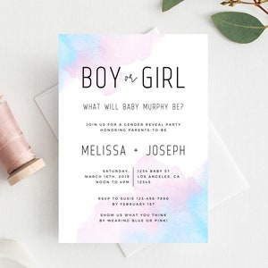 Gender Reveal Invitation Template, Blue or Pink Gender Reveal Printable, He or She Invite, Instant Download Gender Reveal, Templett, B01