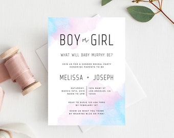 Gender Reveal Invitation Template, Blue or Pink Gender Reveal Printable, He or She Invite, Instant Download Gender Reveal, Templett, B01