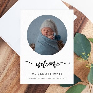 Geboorteaankondigingskaart, introductie van babykaarten, 5x7 fotokaartsjabloon, afdrukbare pasgeboren babykaarten, babyaankondiging, Templett