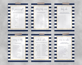 Navy Stripes with Gold Baby Shower Game Templates Bundle, Navy Baby Shower Games Instant Download, Templett, B03