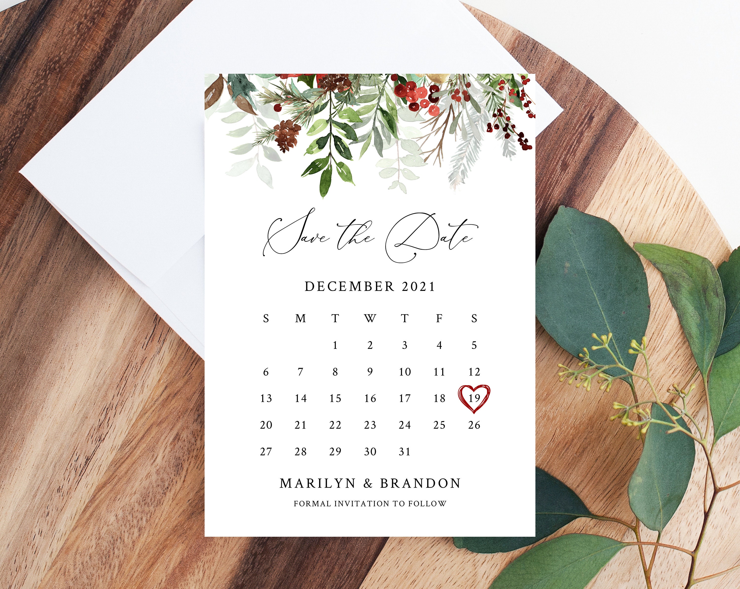 Winter Wedding Save the Date Calendar Template, Christmas Wedding Save the Date  Calendar Printable, Winter Greenery Wedding, Templett, W46 - Etsy