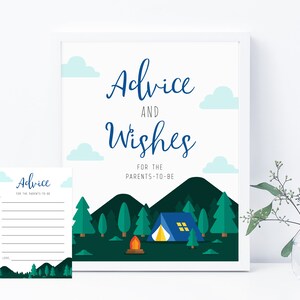 Modèle de panneau L'aventure attend conseils et souhaits, imprimable conseils sur le thème du camping pour les futurs parents, notes de conseils, Templett