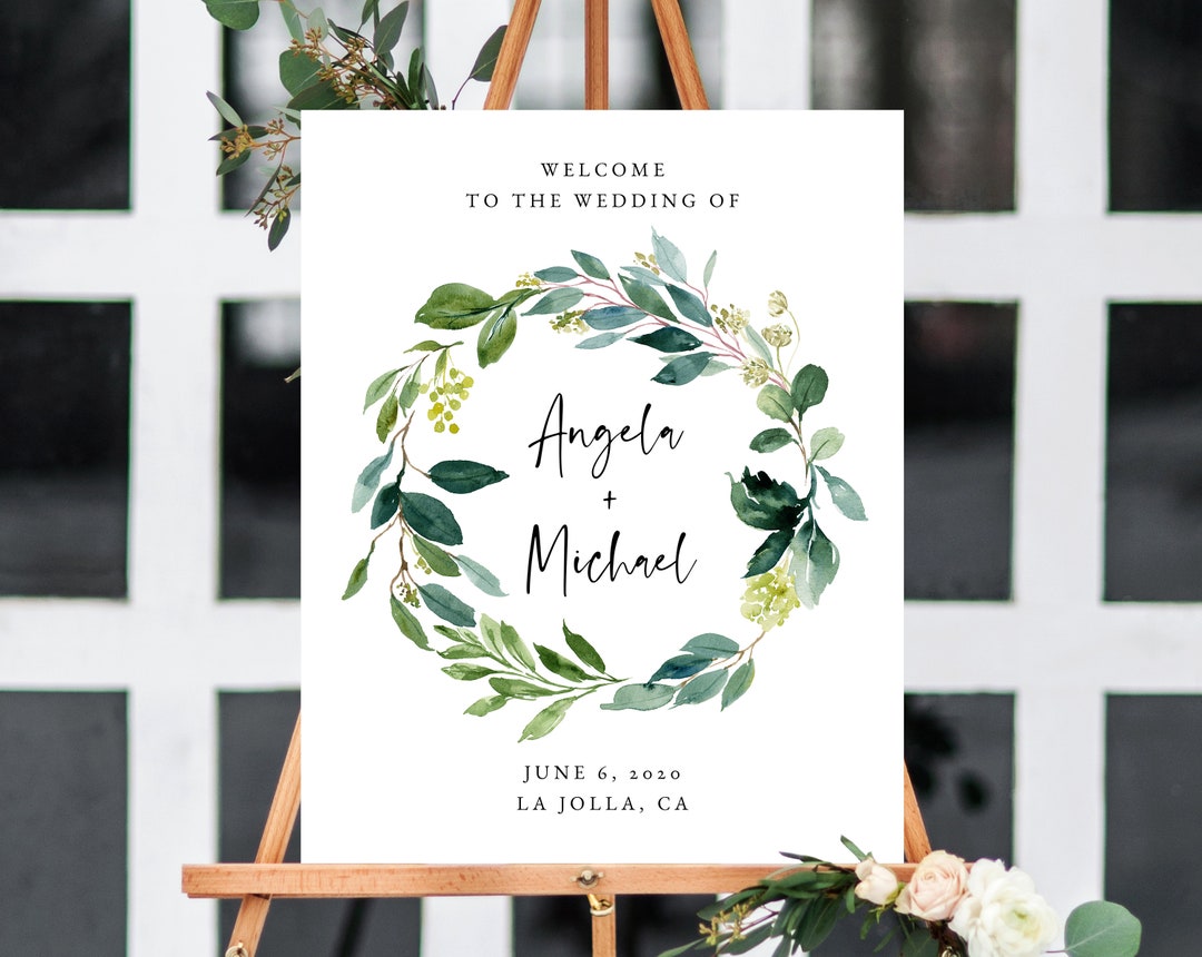 Watercolor Greenery Wedding Welcome Sign Template, Welcome to the ...