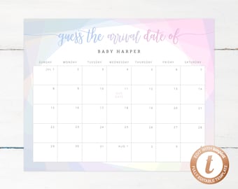 May include: A printable baby shower game calendar with a pastel pink and blue watercolor background. The calendar is for guessing the arrival date of Baby Harper. The due date is circled on the calendar.