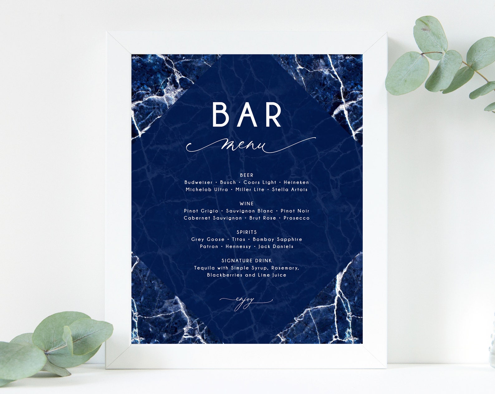 Navy Marble Bar Menu Sign Wedding Bar Sign Wedding Bar Menu Etsy