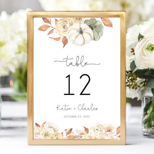 Modèle de numéro de Table de mariage automne, numéros de Table de mariage floral rustique chaleureux, imprimable, pièce maîtresse de mariage citrouille, Templett, W55