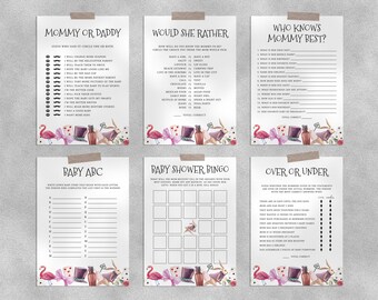 May include: A set of printable baby shower games featuring a whimsical Alice in Wonderland theme. The games include "Mommy or Daddy", "Would She Rather", "Who Knows Mommy Best", "Baby ABC", "Baby Shower Bingo", and "Over or Under".