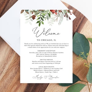 Modelo de carta de boas-vindas, cartão de itinerário de casamento de Natal, carta de bolsa de boas-vindas, agenda de casamento, nota de boas-vindas do hotel para impressão, Templett, W46