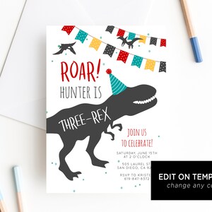Dinosaur Birthday Invitation Template, Three-Rex Dinosaur Invite, Dinosaur Invite, T-Rex Birthday Invitation Digital File, Templett B12 image 4