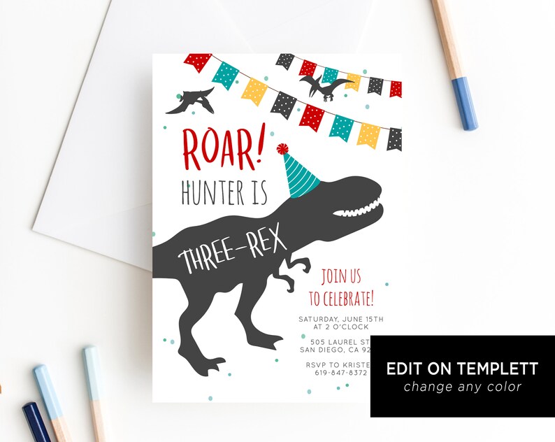 Dinosaur Birthday Invitation Template, Three-Rex Dinosaur Invite, Dinosaur Invite, T-Rex Birthday Invitation Digital File, Templett B12 image 4