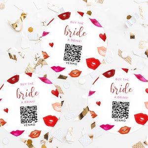 Kaufen Sie der Braut ein Getränk, Bachelorette Venmo QR-Code-Vorlage, Bachelorette Bargeld, Schaltflächennadel, bearbeitbare Etikettenvorlage, Templett