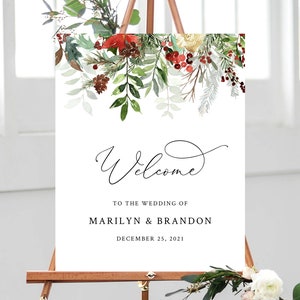 Winter Wedding Welcome Sign Template, Printable Watercolor Christmas Wedding Welcome Sign, Berries and Greenery, Templett, W46