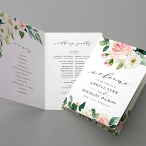 Mall för dubbelvikt bröllopsprogram med blush-blommor, utskrivbart vikt bröllopsprogramhäfte, redigerbart blush-bröllopsprogram, Templatett, W29