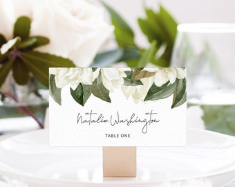 Magnolia Wedding Place Cards Template, White Floral Wedding Table Cards, Printable Wedding Seating Tent Cards, Templett, W35