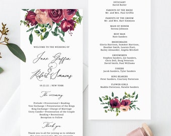May include: Wedding ceremony program with burgundy floral illustrations. The program includes the names of the bride and groom, Jane Griffin and Robert Simmons, the wedding date, 10.22.22, and the location, New York. The program also lists the names of the officiant, maid of honor, best man, bridesmaids, groomsmen, ushers, ring bearers, and flower girls.