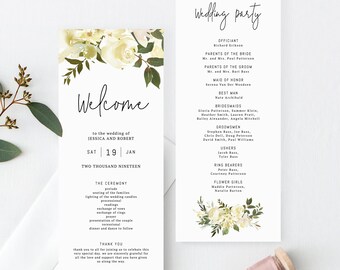 Modello di programma di matrimonio floreale, programma di matrimonio stampabile, programma di matrimonio nel verde, programmi di cerimonia modificabili, istantaneo, Templett, W18