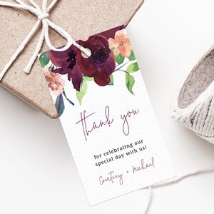 Modèle d'étiquette de cadeau de mariage Bourgogne, étiquette de remerciement, étiquette de cadeau de mariage, étiquettes cadeaux de mariage bohème, étiquette de cadeau florale imprimable, Templett, W32