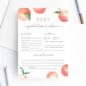 Perzik baby voorspellingen en advies sjabloon, afdrukbaar perzik thema advies voor toekomstige ouders, perzik baby shower spel, Templett, B15