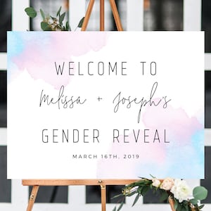 Welcome Sign Template, Gender Reveal Welcome Sign, Printable Gender Reveal Sign, Watercolor Blue or Pink Welcome Sign, Templett, B01
