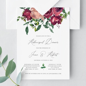 Rehearsal Dinner Invitation Template, Burgundy Rose Floral Wedding Rehearsal Invitation, Printable The Night Before Invite, Templett, W33