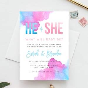 Gender Reveal Invitation Template, Blue or Pink Gender Reveal, He or She Invite, Instant Download Gender Reveal Invitations, Templett, B14