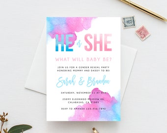 Gender Reveal Invitation Template, Blue or Pink Gender Reveal, He or She Invite, Instant Download Gender Reveal Invitations, Templett, B14