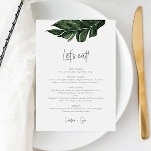 Tropisches Hochzeitsmenü Vorlage, druckbare Hochzeitsmenüs, Palmenblätter Hochzeitsmenü, sofortiger Download bearbeitbare Vorlage, Templett, W44