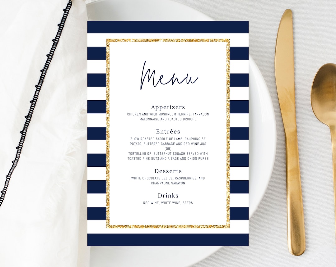 Navy Stripes Baby Shower Menu Template, Printable Baby Shower Dinner