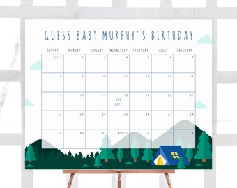 Camping Due Date Calendar Template, Adventure Awaits Baby Shower Calendar, Baby Due Date Game, Guess The Due Date, Predictions, B06