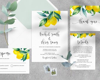 Lemon Wedding Invitation Template, Printable Citrus Wedding Invitation, Lemon Wedding Invitation Set, Templett, Instant Download, W37