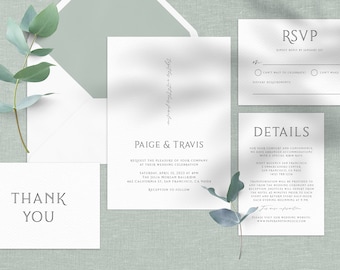 Wedding Invitation Template, Printable Wedding Invitation Suite, Modern Simple Wedding Invitation Set, Templett, Instant Download, W59