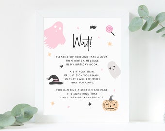 Pastel Halloween Party Guestbook Sign, Printable Halloween Birthday Decoration, Birthday Book Sign, Birthday Wish, Templett, B24