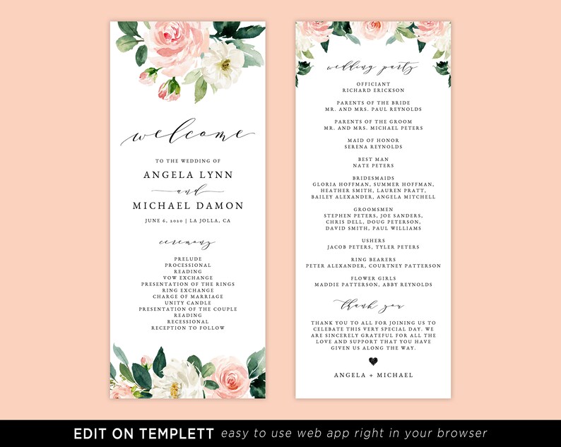 Event Program Flor Samples Floral Wedding Program Template, Printable Wedding Program, Blush ...