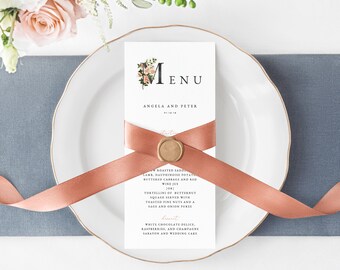 Floral Wedding Menu Template, Printable Menu, Editable Wedding Menu, Blush Wedding Menu, DIY Wedding Menu, Templett, Instant Dowload, W22