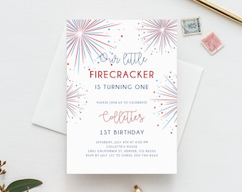 May include: A red, white, and blue invitation with a firework design. The text reads "Our little FIRECRACKER is turning one. Please join us to celebrate Collettes 1st Birthday. Saturday, July 4th at 4:00 PM Collette's House 1801 California St. Denver, CO 80202 RSVP by July 1st to Carol 303-740-8263"