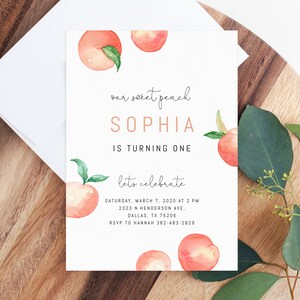 Pfirsich Erster Geburtstag Einladung Vorlage, Einladungen zum ausdrucken, Pfirsiche und Creme Erster Geburtstag Einladen, Templett, B15