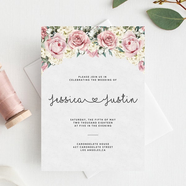 INSTANT DOWNLOAD Wedding Invitation Template, Printable Wedding Invitation, Roses Wedding Invitation Set, Floral Wedding, Templett, W06