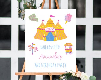 Pastel Circus Welcome Sign Template, Printable Carnival Themed Party Welcome Sign, Circus Themed Signs, Editable, Templett