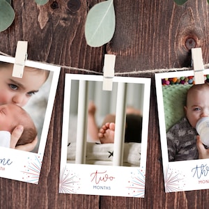 Puede incluir: Tres fotos de un bebé a diferentes edades, cada una con un diseño de fuegos artificiales rojo, blanco y azul y la edad del bebé en meses. La primera foto muestra a un bebé que un hermano mayor besa. La segunda foto muestra los pies del bebé en una cuna. La tercera foto muestra al bebé tomando un biberón.