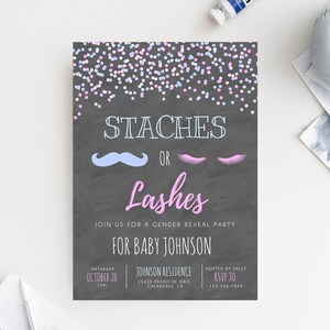 INSTANT DOWNLOAD Gender Reveal Party Invitation Template, Printable Gender Reveal, Staches or Lashes Invitation, He or She, Templett