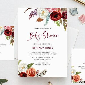 Boho Burgundy Baby Shower Invitation Template, Printable Fall Baby Shower Invitation, Instant Download, Templett, B43