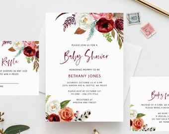 Plantilla de invitación de baby shower Boho Borgoña, invitación de baby shower de otoño imprimible, descarga instantánea, Templett, B43