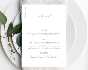 May include: A wedding menu with the text "Paige & Travis" and "let's eat" at the top. The menu lists the starter, main course, and dessert options for the wedding reception.