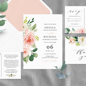 Wedding Invitation Template, Printable Wedding Invitation Suite, Blush Flowers Wedding Invitation Set, Floral Wedding, Templett, W29C image 4