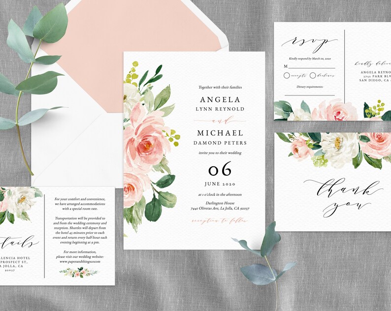 Wedding Invitation Template, Printable Wedding Invitation Suite, Blush Flowers Wedding Invitation Set, Floral Wedding, Templett, W29C image 4