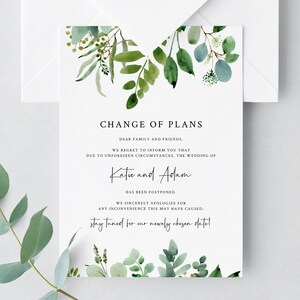 Postponed Wedding Announcement, Printable Greenery Wedding Postponement, Change of Plans, Wedding Cancellation, Date Change, Insert, W48