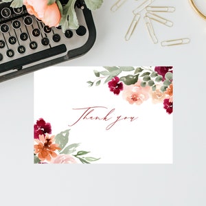 Bourgondië & Blush dank u kaartsjabloon, afdrukbare baby shower dank u kaart, 1e verjaardag, Instant Download, Templett, B45